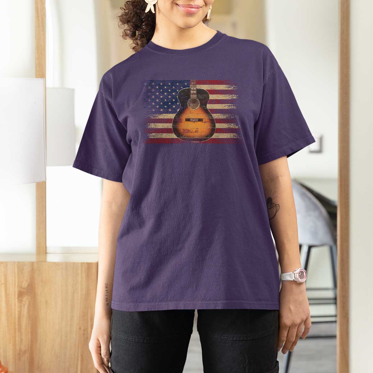 USA Flag Guitar Player T Shirt For Women Retro 4th of July Musician Guitarist - Wonder Print Shop