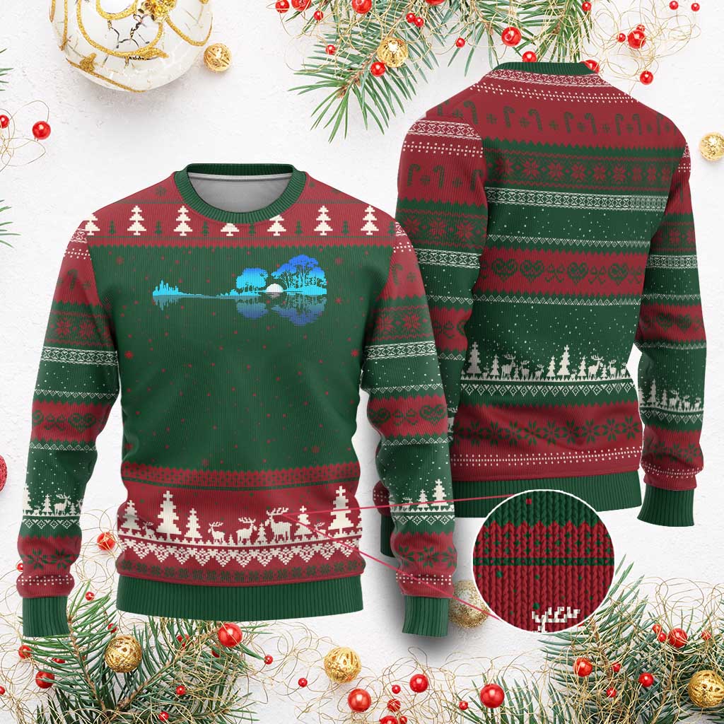 Guitar Lake Ugly Christmas Sweater Retro Tree Shadow Acoustic Guitarist Musician - Wonder Print Shop