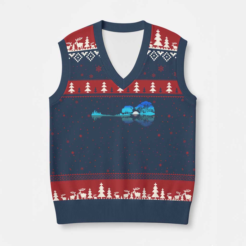 Guitar Lake V-Neck Knit Sweater Vest Retro Tree Shadow Acoustic Guitarist Musician - Wonder Print Shop