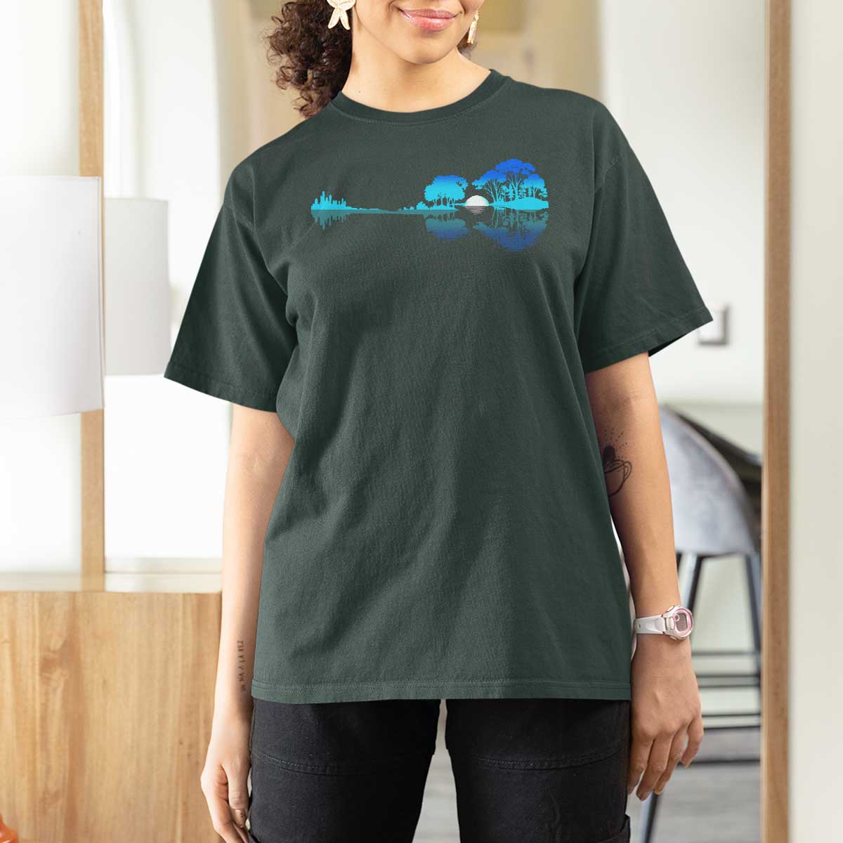 Guitar Lake T Shirt For Women Retro Tree Shadow Acoustic Guitarist Musician - Wonder Print Shop