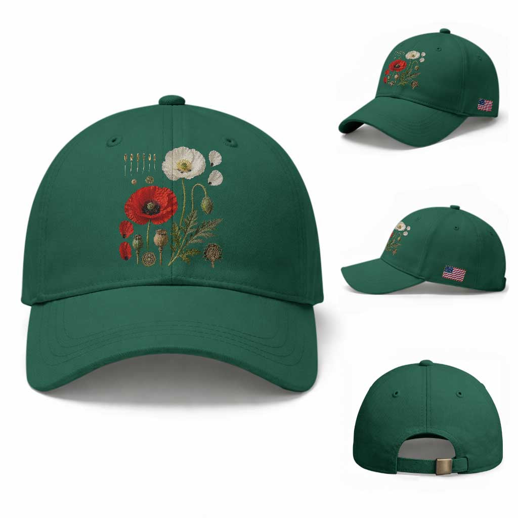 Summer Red Poppy Flower Botanical Poppies Vintage Print Memorial Day Floral Graphic Baseball Cap