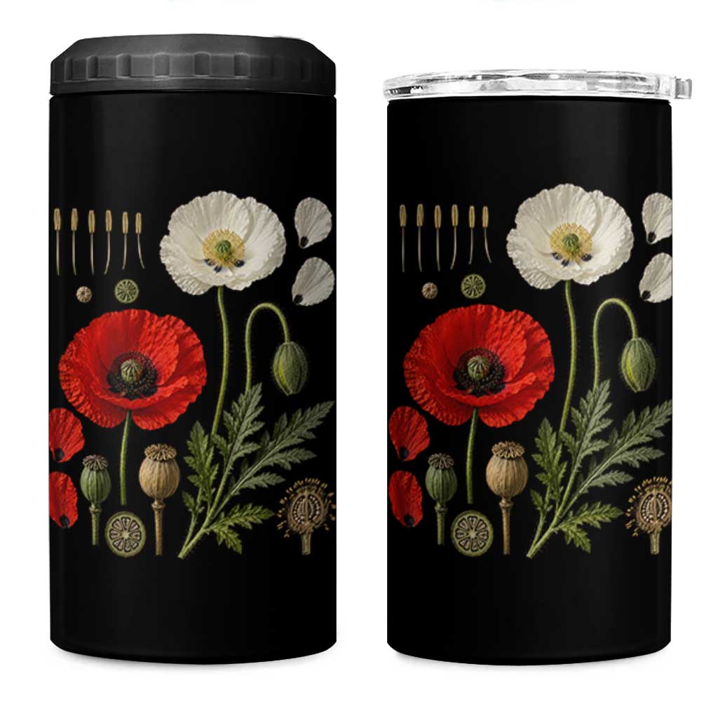 Summer Red Poppy Flower Botanical Poppies Vintage Print Memorial Day Floral Graphic 4 in 1 Can Cooler Tumbler