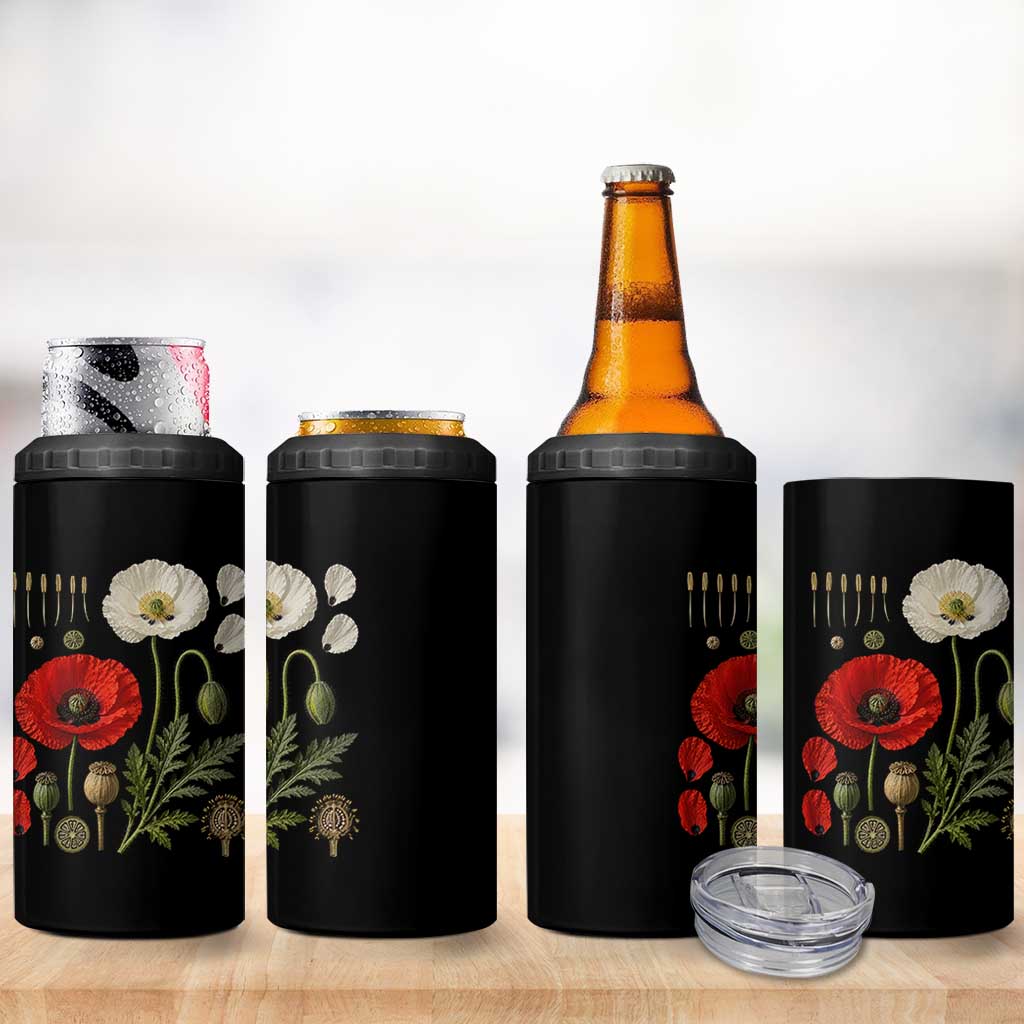 Summer Red Poppy Flower Botanical Poppies Vintage Print Memorial Day Floral Graphic 4 in 1 Can Cooler Tumbler