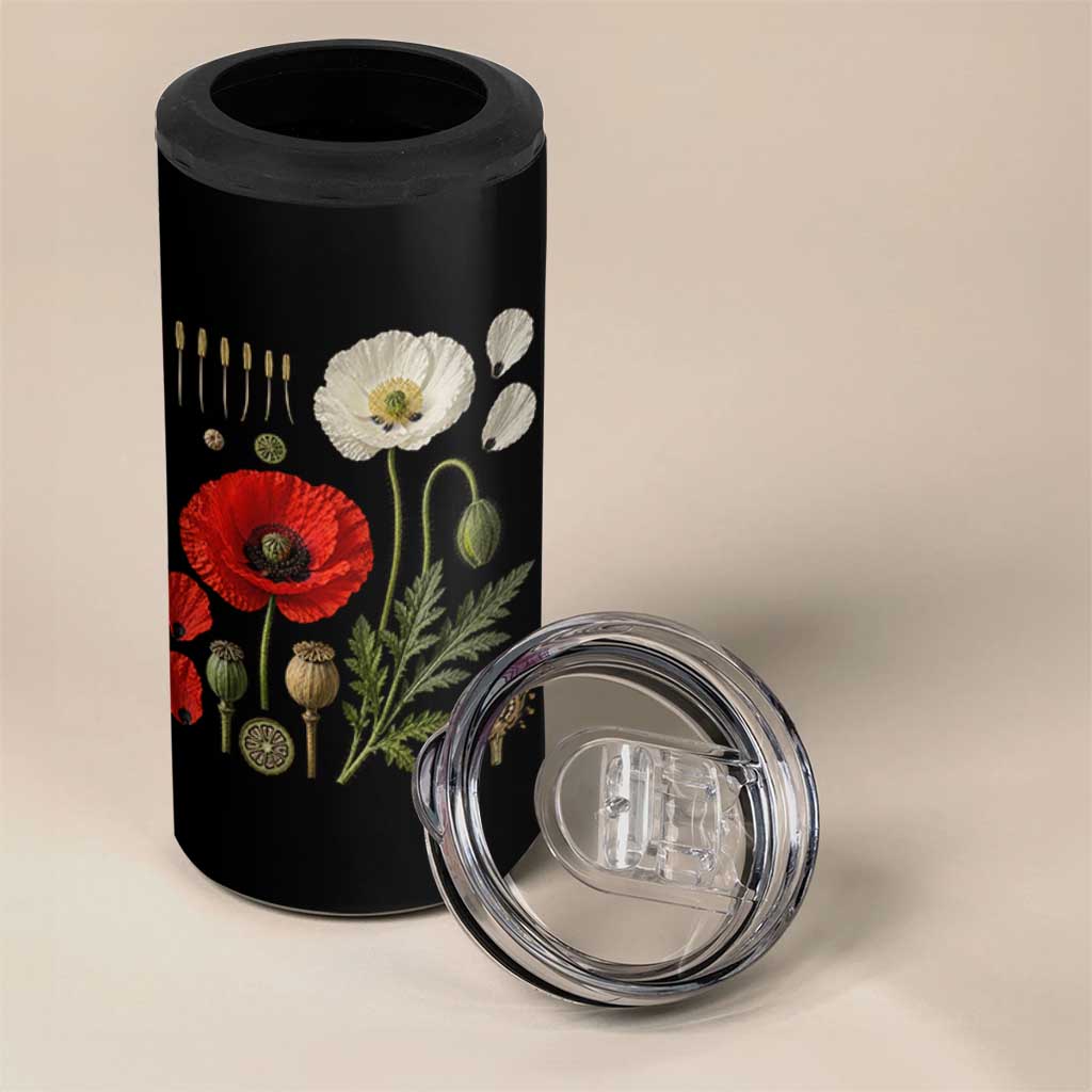 Summer Red Poppy Flower Botanical Poppies Vintage Print Memorial Day Floral Graphic 4 in 1 Can Cooler Tumbler
