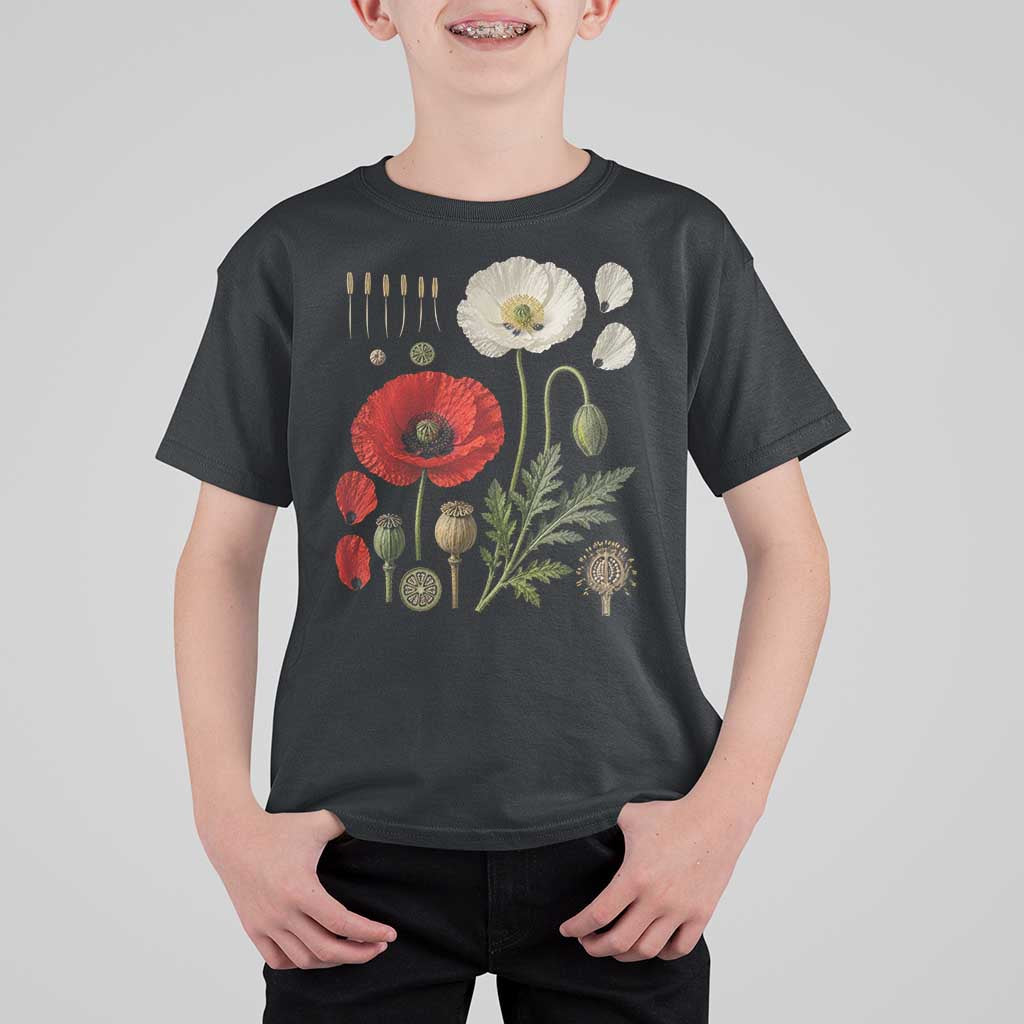 Summer Red Poppy Flower Botanical Poppies Vintage Print Memorial Day Floral Graphic T Shirt For Kid