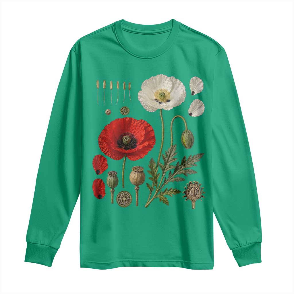 Summer Red Poppy Flower Botanical Poppies Vintage Print Memorial Day Floral Graphic Long Sleeve Shirt