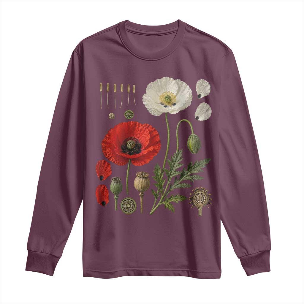 Summer Red Poppy Flower Botanical Poppies Vintage Print Memorial Day Floral Graphic Long Sleeve Shirt