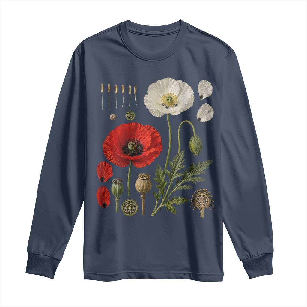 Summer Red Poppy Flower Botanical Poppies Vintage Print Memorial Day Floral Graphic Long Sleeve Shirt