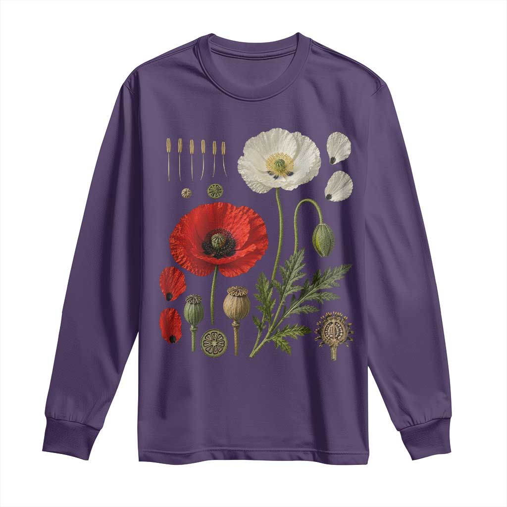 Summer Red Poppy Flower Botanical Poppies Vintage Print Memorial Day Floral Graphic Long Sleeve Shirt