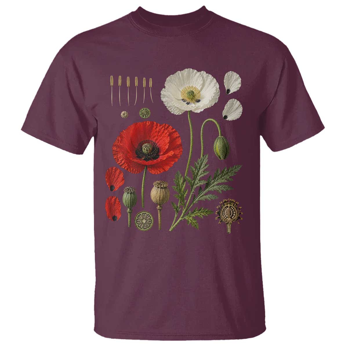 Summer Red Poppy Flower Botanical Poppies Vintage Print Memorial Day Floral Graphic T Shirt