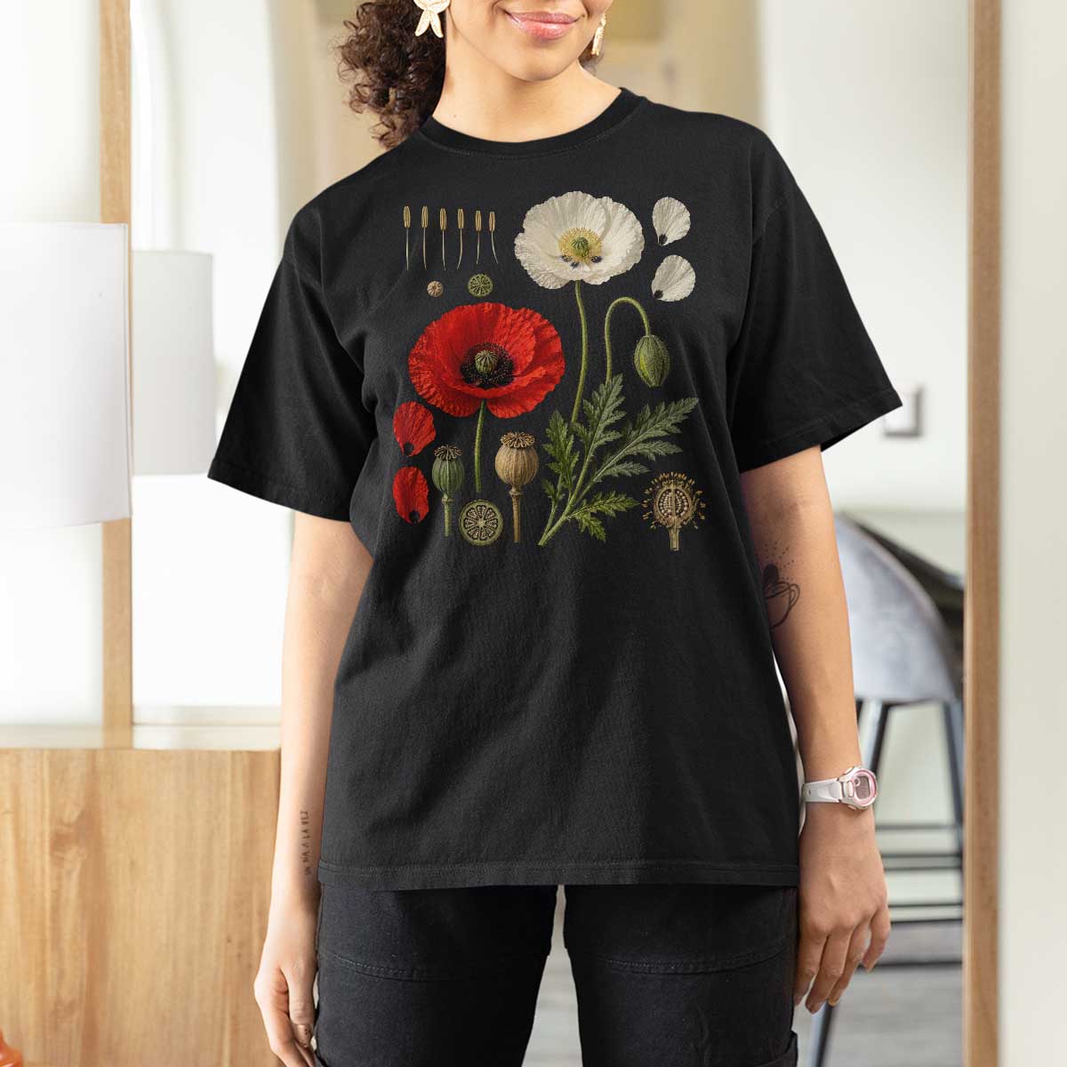 Summer Red Poppy Flower Botanical Poppies Vintage Print Memorial Day Floral Graphic T Shirt For Women