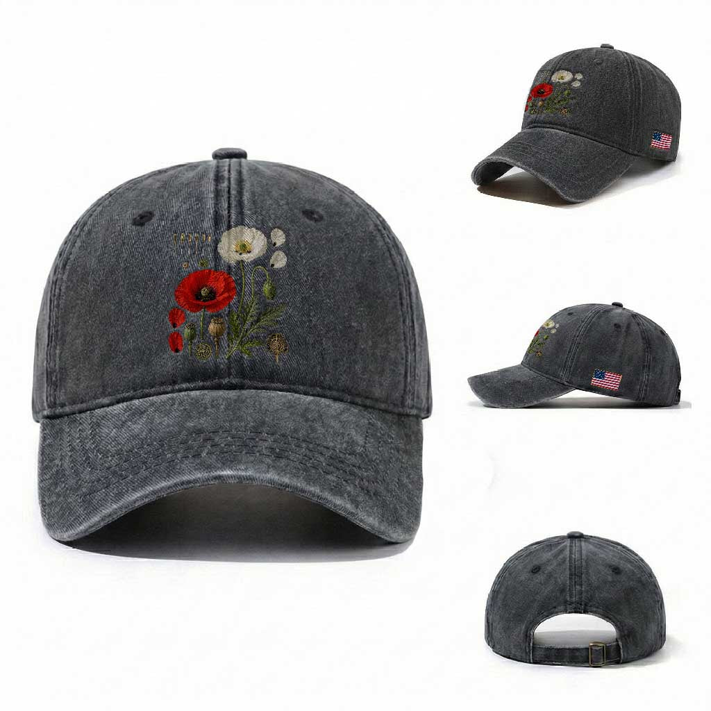 Summer Red Poppy Flower Botanical Poppies Vintage Print Memorial Day Floral Graphic Washed Cotton Baseball Cap
