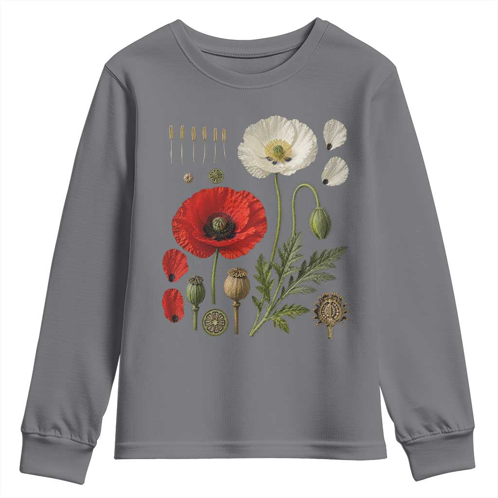 Summer Red Poppy Flower Botanical Poppies Vintage Print Memorial Day Floral Graphic Youth Sweatshirt