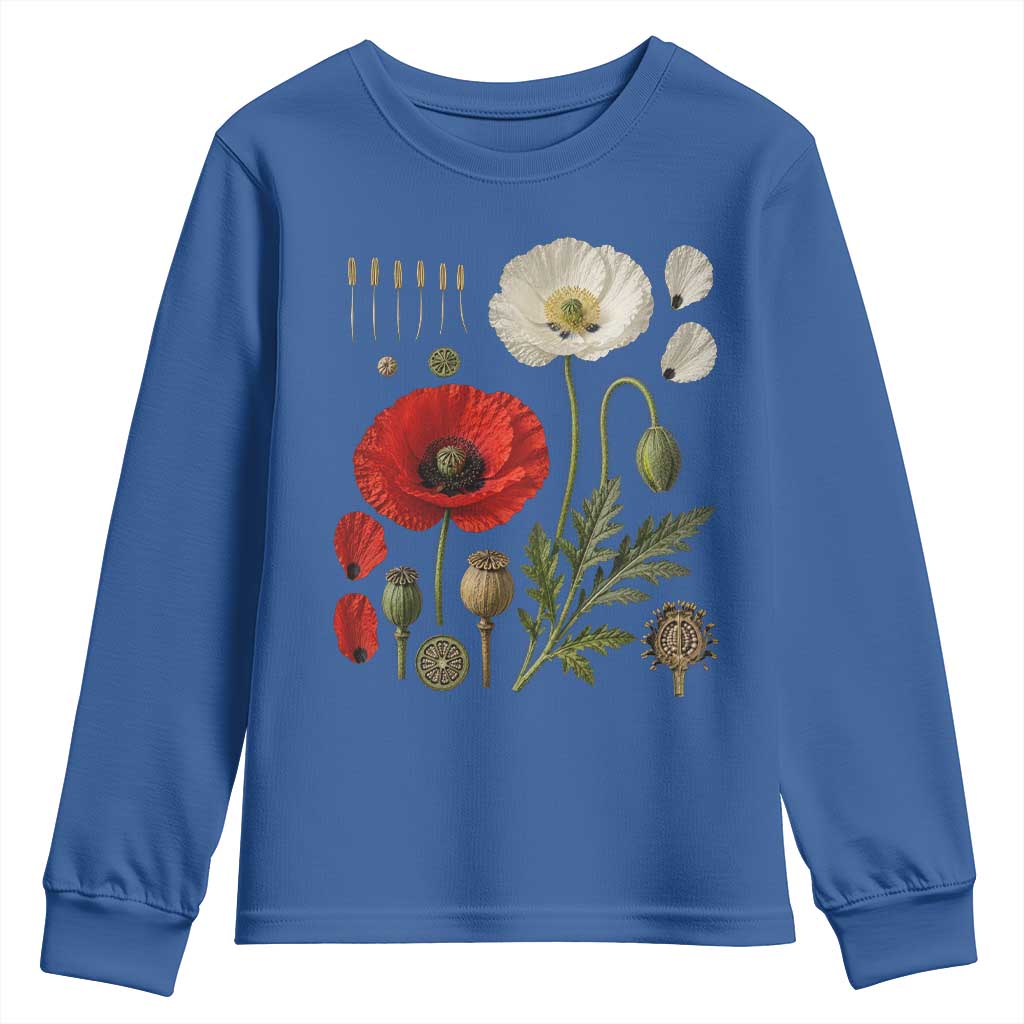 Summer Red Poppy Flower Botanical Poppies Vintage Print Memorial Day Floral Graphic Youth Sweatshirt