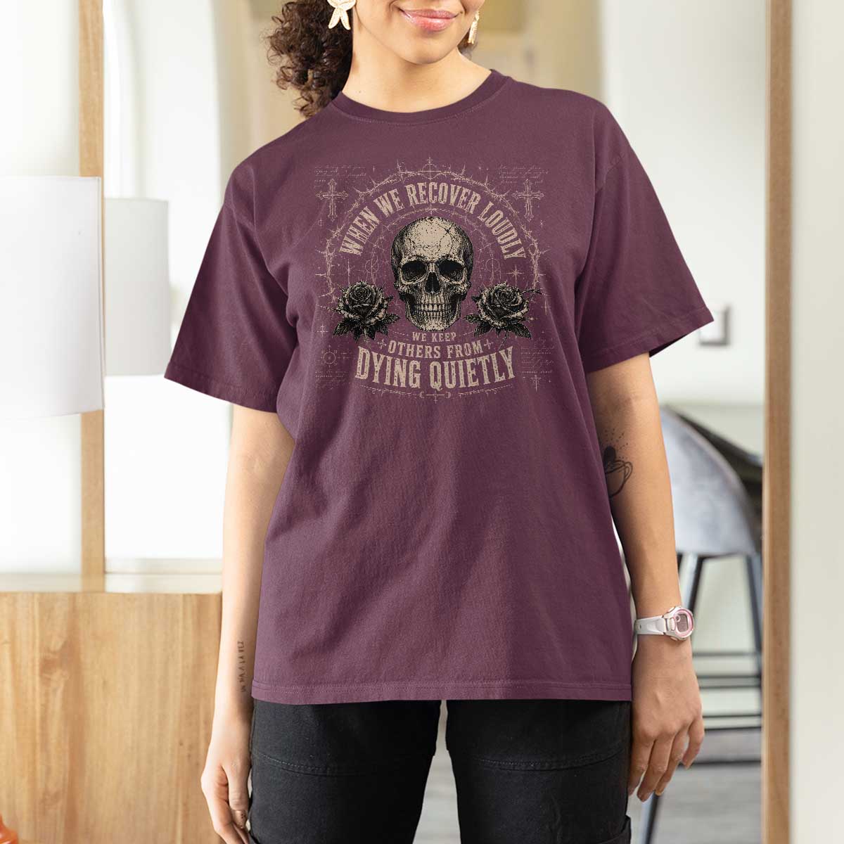 Addiction Recovery T Shirt For Women When We Recover Loudly Vintage Skull Graphic