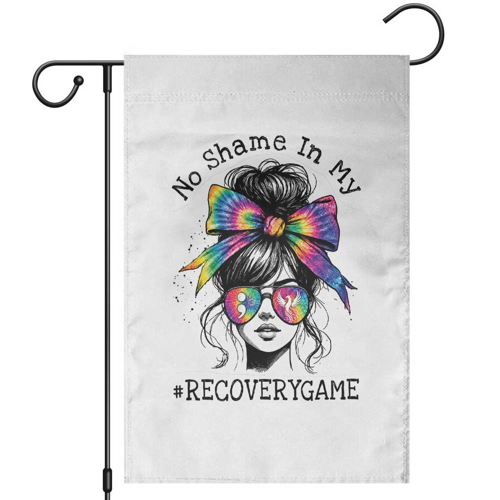 No Shame In My Recovery Game Garden Flag Messy Bun Semicolon Graphic