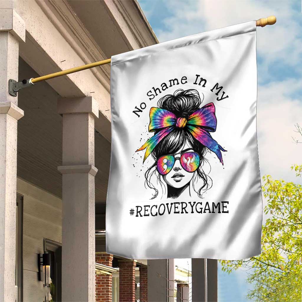 No Shame In My Recovery Game Garden Flag Messy Bun Semicolon Graphic