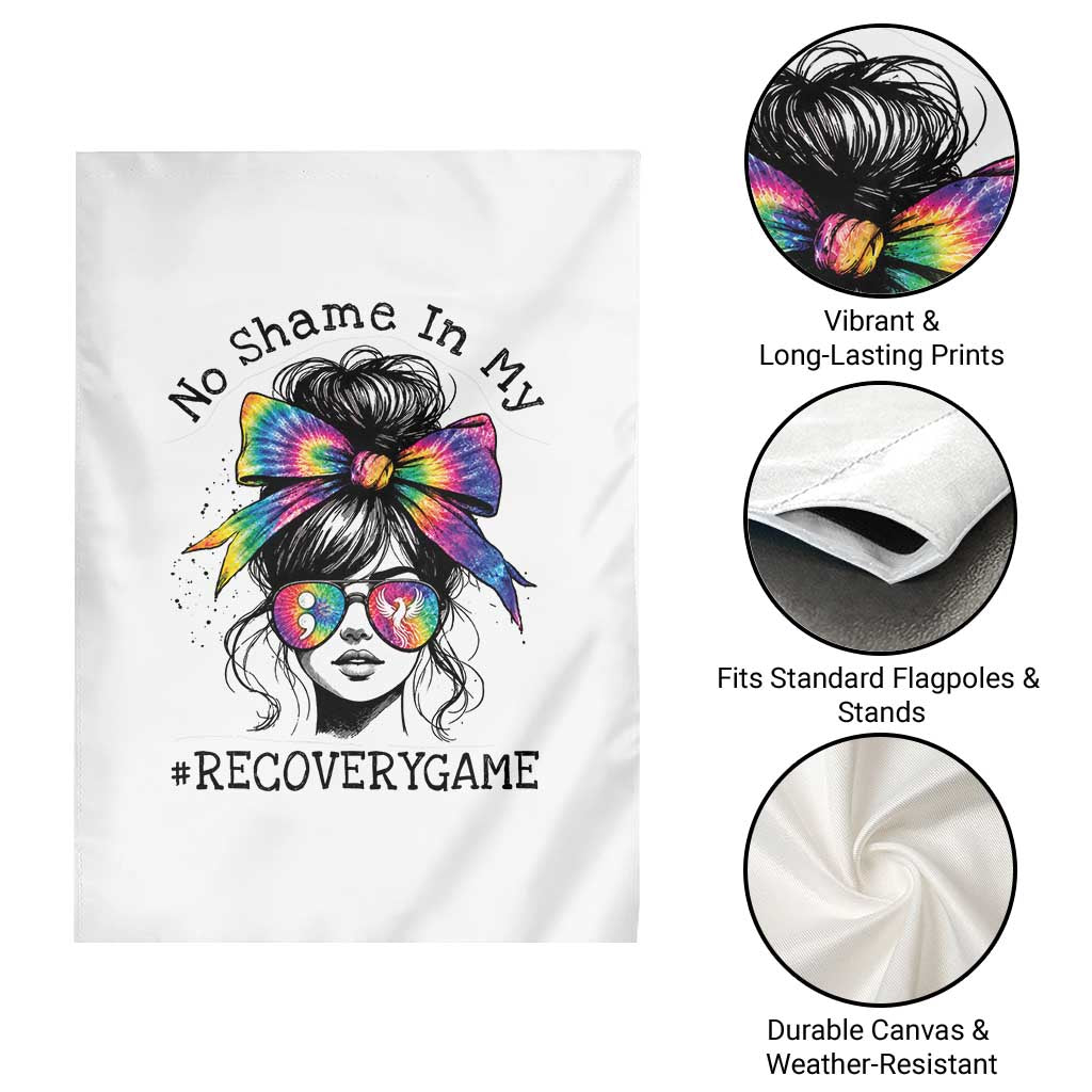 No Shame In My Recovery Game Garden Flag Messy Bun Semicolon Graphic