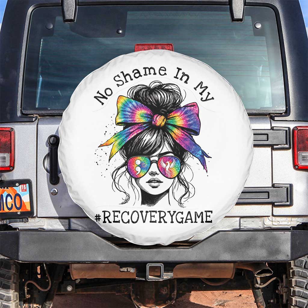 No Shame In My Recovery Game Spare Tire Cover Messy Bun Semicolon Graphic