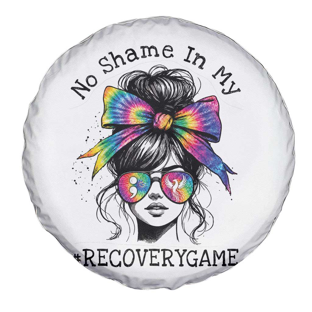 No Shame In My Recovery Game Spare Tire Cover Messy Bun Semicolon Graphic