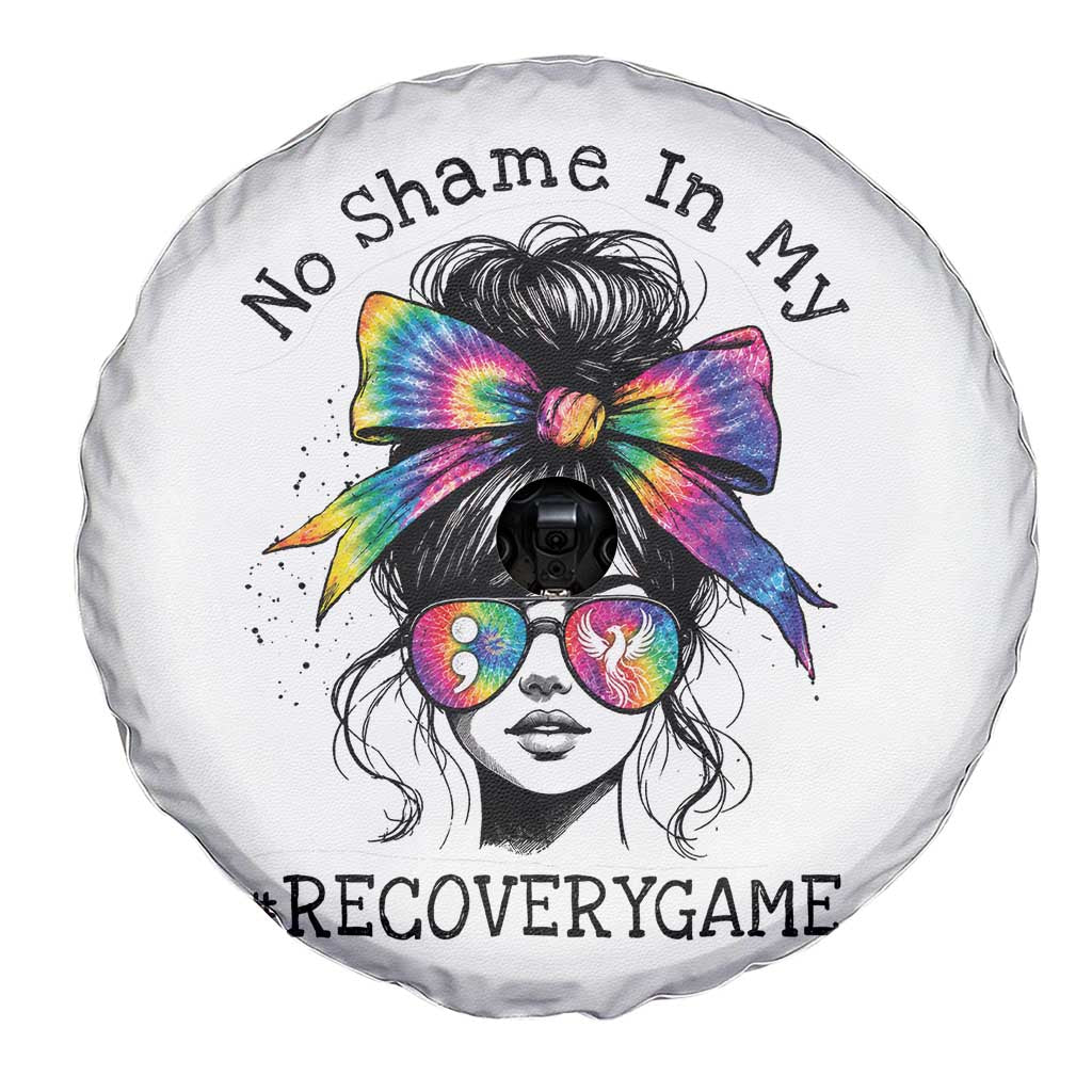No Shame In My Recovery Game Spare Tire Cover Messy Bun Semicolon Graphic