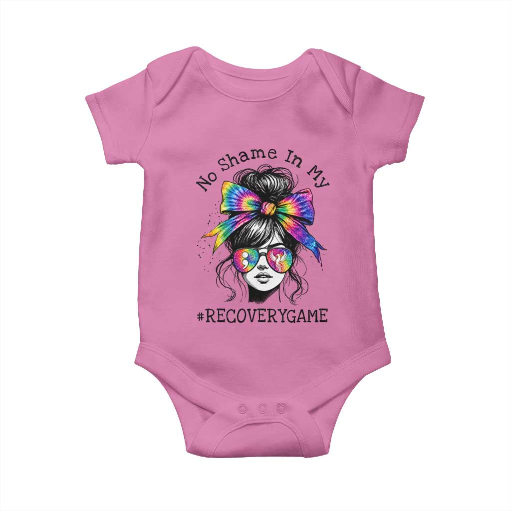 No Shame In My Recovery Game Baby Onesie Messy Bun Semicolon Graphic