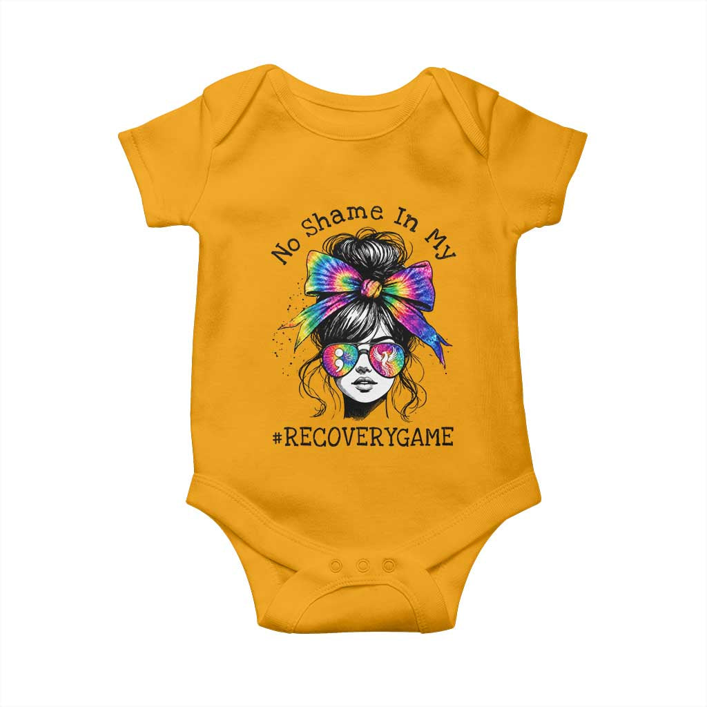 No Shame In My Recovery Game Baby Onesie Messy Bun Semicolon Graphic