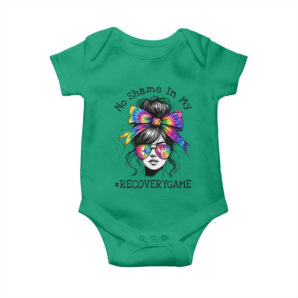 No Shame In My Recovery Game Baby Onesie Messy Bun Semicolon Graphic