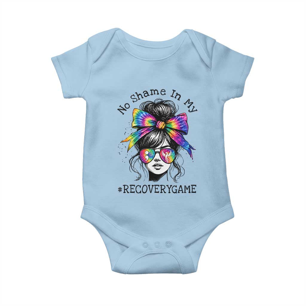 No Shame In My Recovery Game Baby Onesie Messy Bun Semicolon Graphic