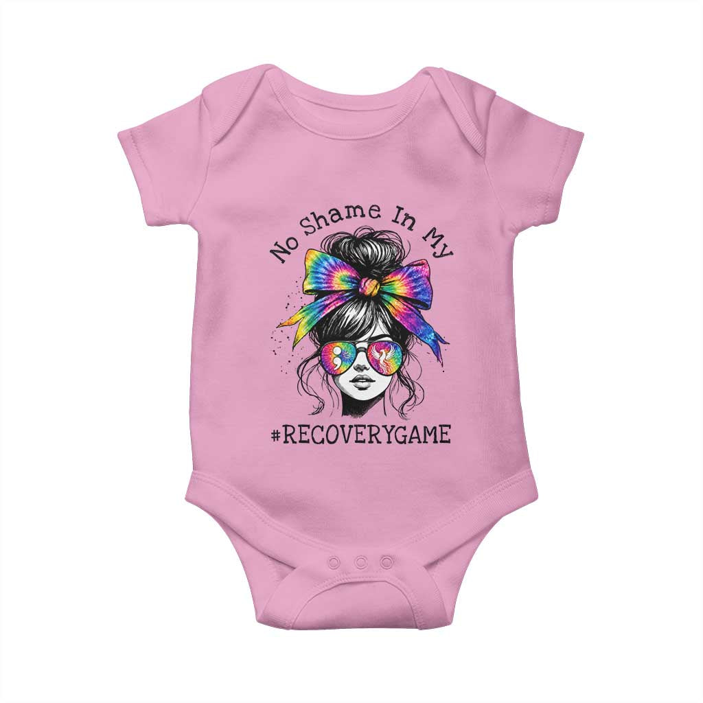 No Shame In My Recovery Game Baby Onesie Messy Bun Semicolon Graphic
