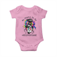 No Shame In My Recovery Game Baby Onesie Messy Bun Semicolon Graphic