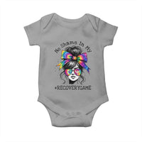 No Shame In My Recovery Game Baby Onesie Messy Bun Semicolon Graphic