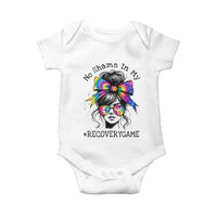 No Shame In My Recovery Game Baby Onesie Messy Bun Semicolon Graphic