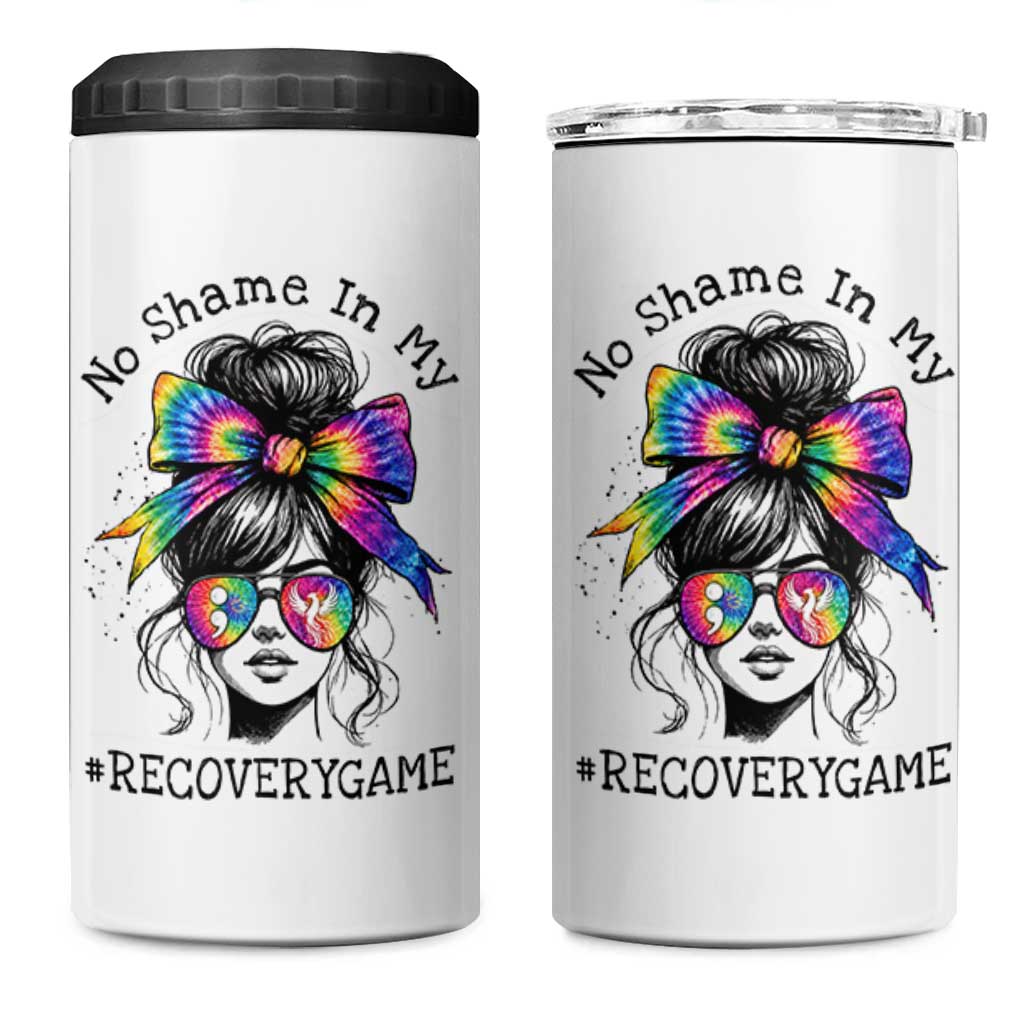No Shame In My Recovery Game 4 in 1 Can Cooler Tumbler Messy Bun Semicolon Graphic