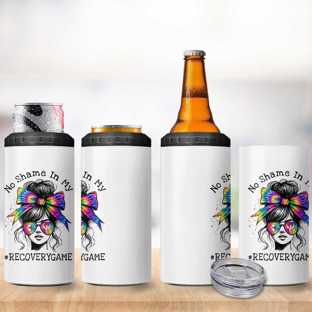 No Shame In My Recovery Game 4 in 1 Can Cooler Tumbler Messy Bun Semicolon Graphic