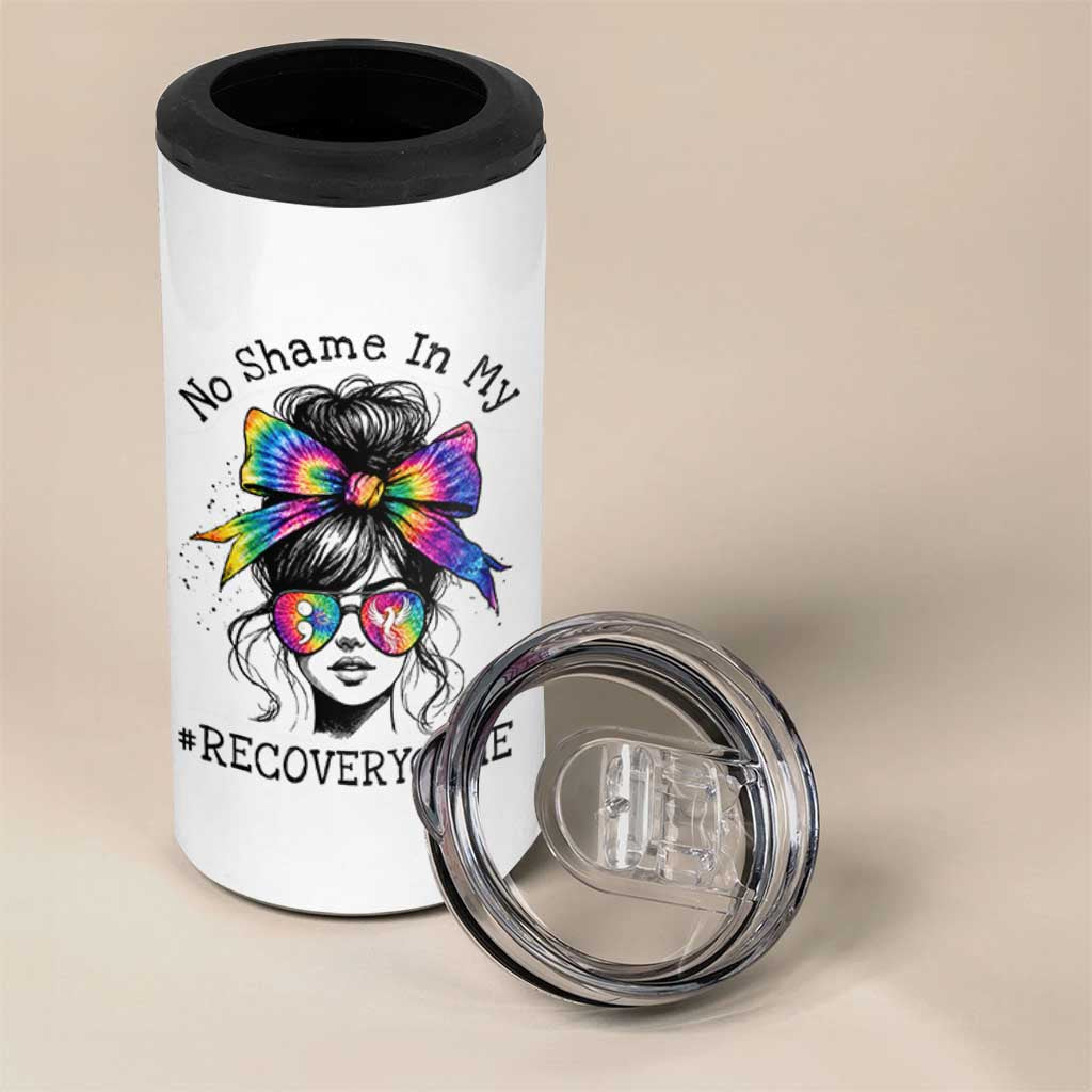 No Shame In My Recovery Game 4 in 1 Can Cooler Tumbler Messy Bun Semicolon Graphic