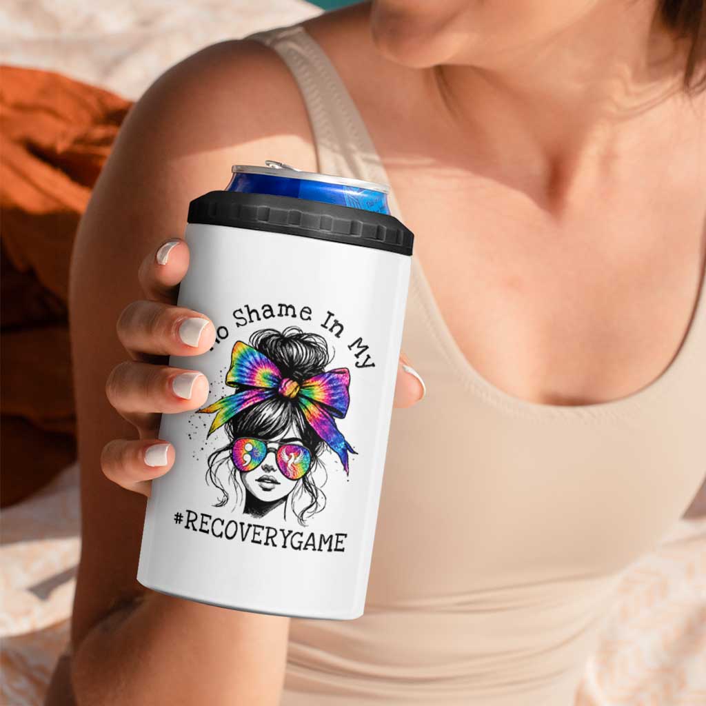 No Shame In My Recovery Game 4 in 1 Can Cooler Tumbler Messy Bun Semicolon Graphic