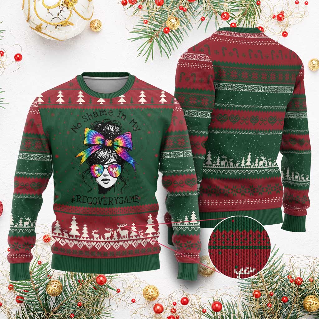 No Shame In My Recovery Game Ugly Christmas Sweater Messy Bun Semicolon Graphic