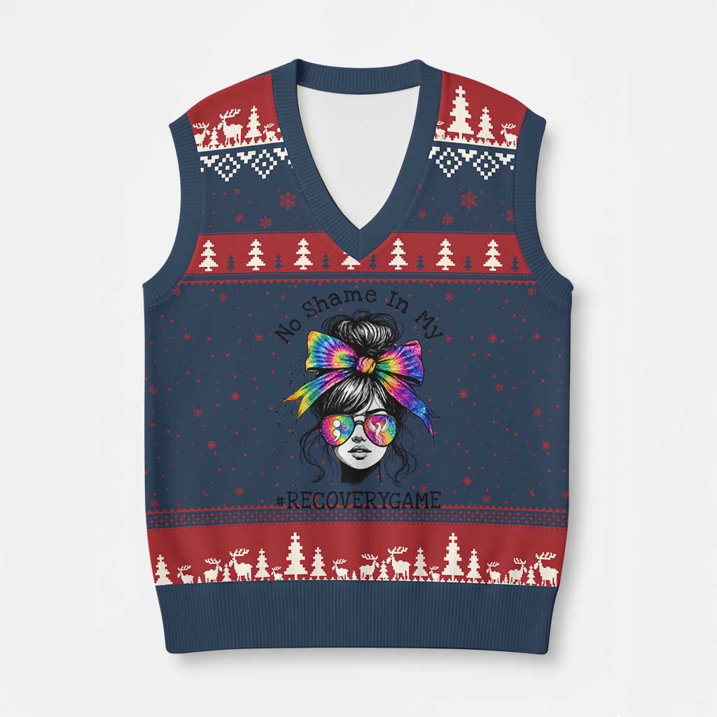 No Shame In My Recovery Game V-Neck Knit Sweater Vest Messy Bun Semicolon Graphic