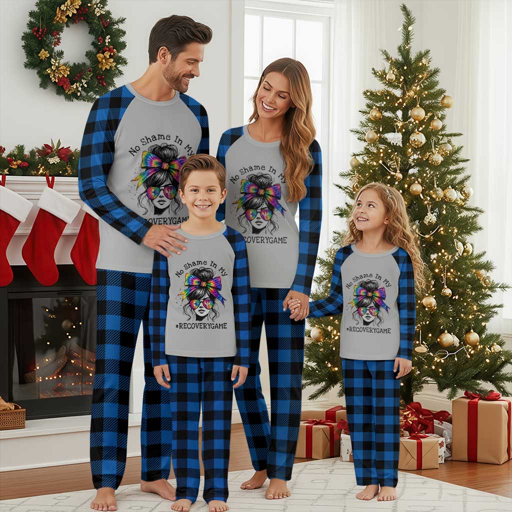 No Shame In My Recovery Game Plaid Pajama Set Messy Bun Semicolon Graphic