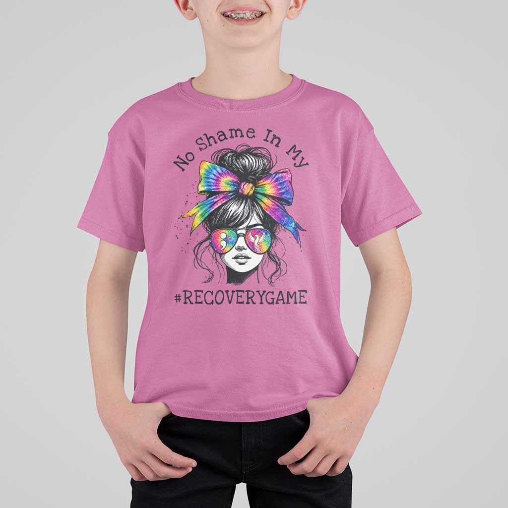 No Shame In My Recovery Game T Shirt For Kid Messy Bun Semicolon Graphic