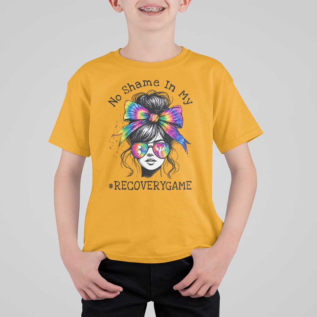 No Shame In My Recovery Game T Shirt For Kid Messy Bun Semicolon Graphic