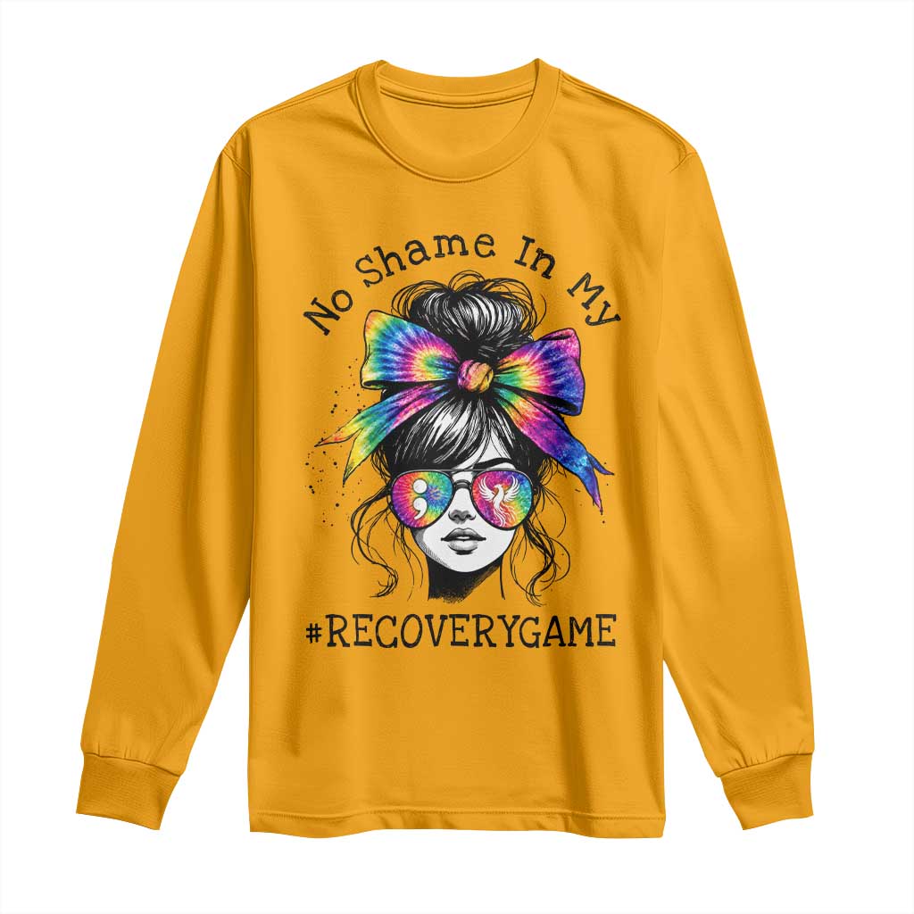 No Shame In My Recovery Game Long Sleeve Shirt Messy Bun Semicolon Graphic