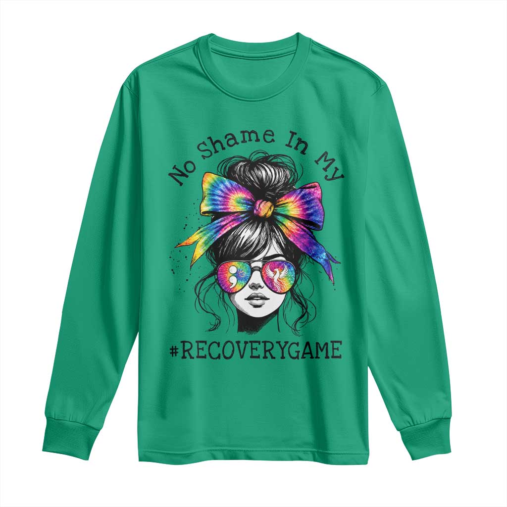 No Shame In My Recovery Game Long Sleeve Shirt Messy Bun Semicolon Graphic