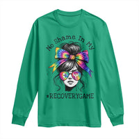 No Shame In My Recovery Game Long Sleeve Shirt Messy Bun Semicolon Graphic
