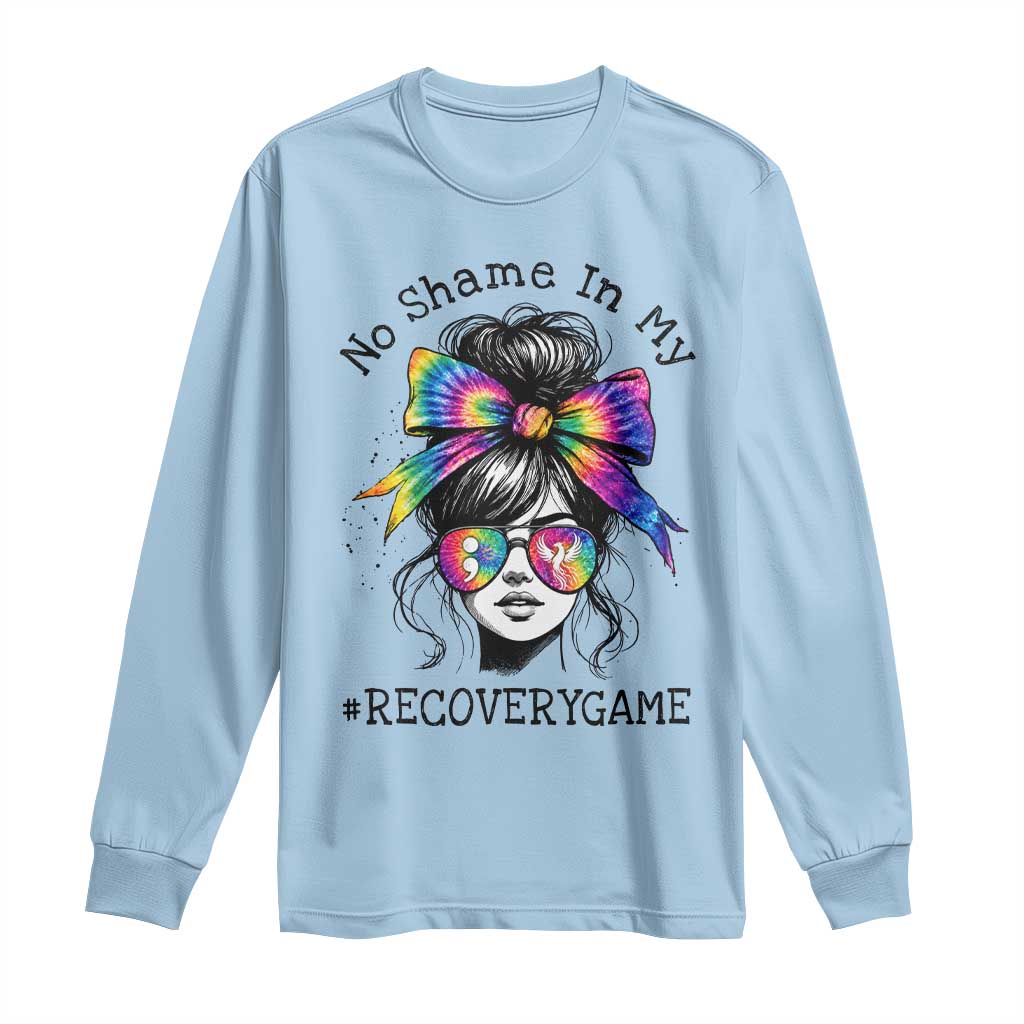 No Shame In My Recovery Game Long Sleeve Shirt Messy Bun Semicolon Graphic