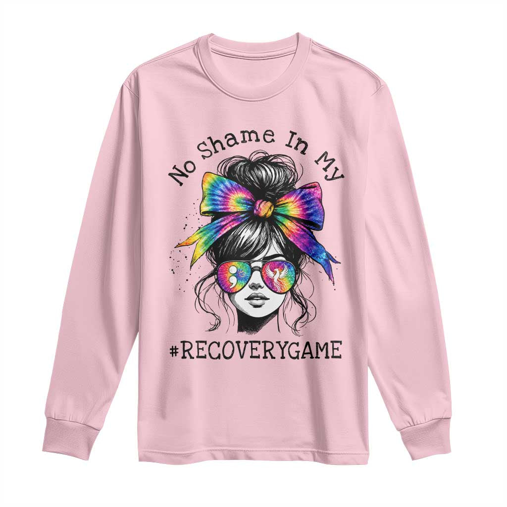 No Shame In My Recovery Game Long Sleeve Shirt Messy Bun Semicolon Graphic