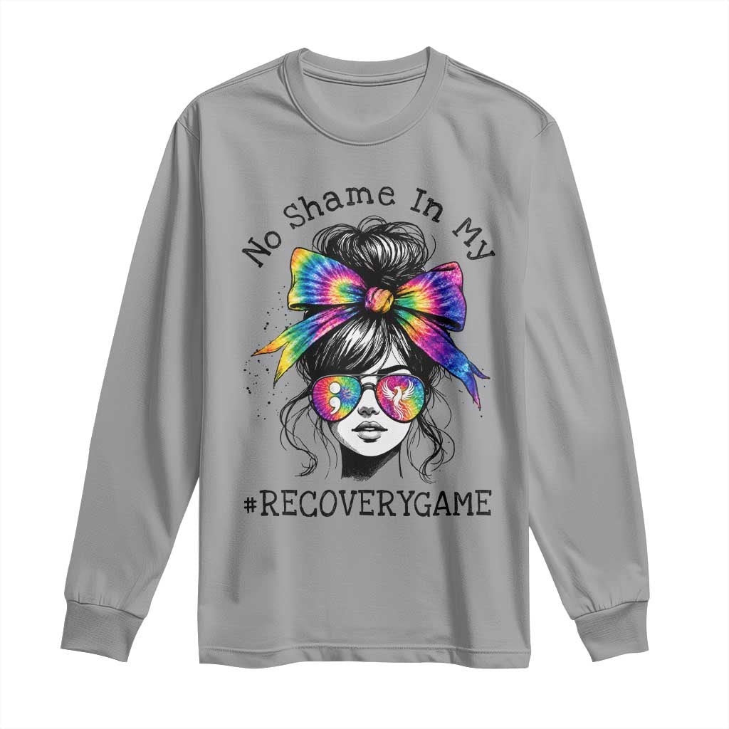 No Shame In My Recovery Game Long Sleeve Shirt Messy Bun Semicolon Graphic