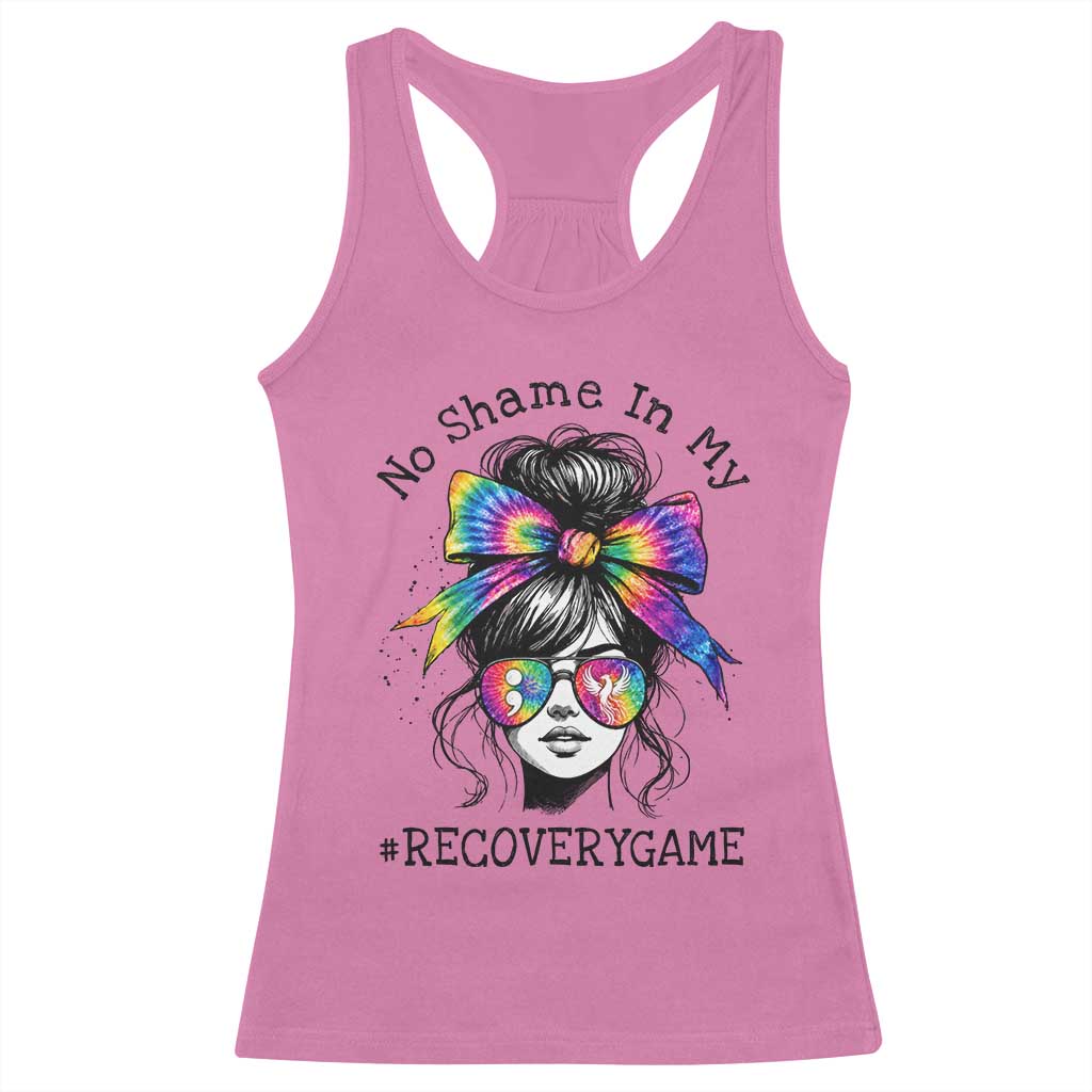 No Shame In My Recovery Game Racerback Tank Top Messy Bun Semicolon Graphic