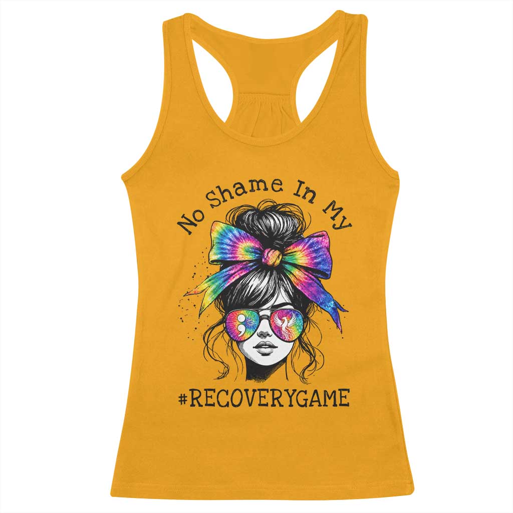 No Shame In My Recovery Game Racerback Tank Top Messy Bun Semicolon Graphic